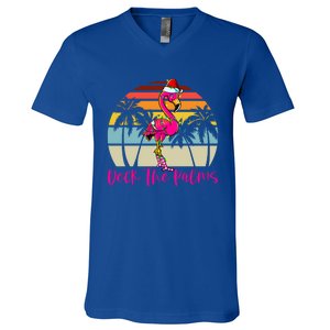 Deck The Palms Christmas Flamingo Palm Tree Tropical Xmas Cool Gift V-Neck T-Shirt