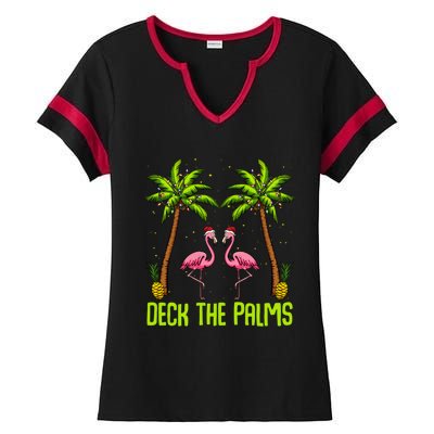 Deck The Palms Flamingo Christmas Tree Animal Bird Lover Gift Ladies Halftime Notch Neck Tee