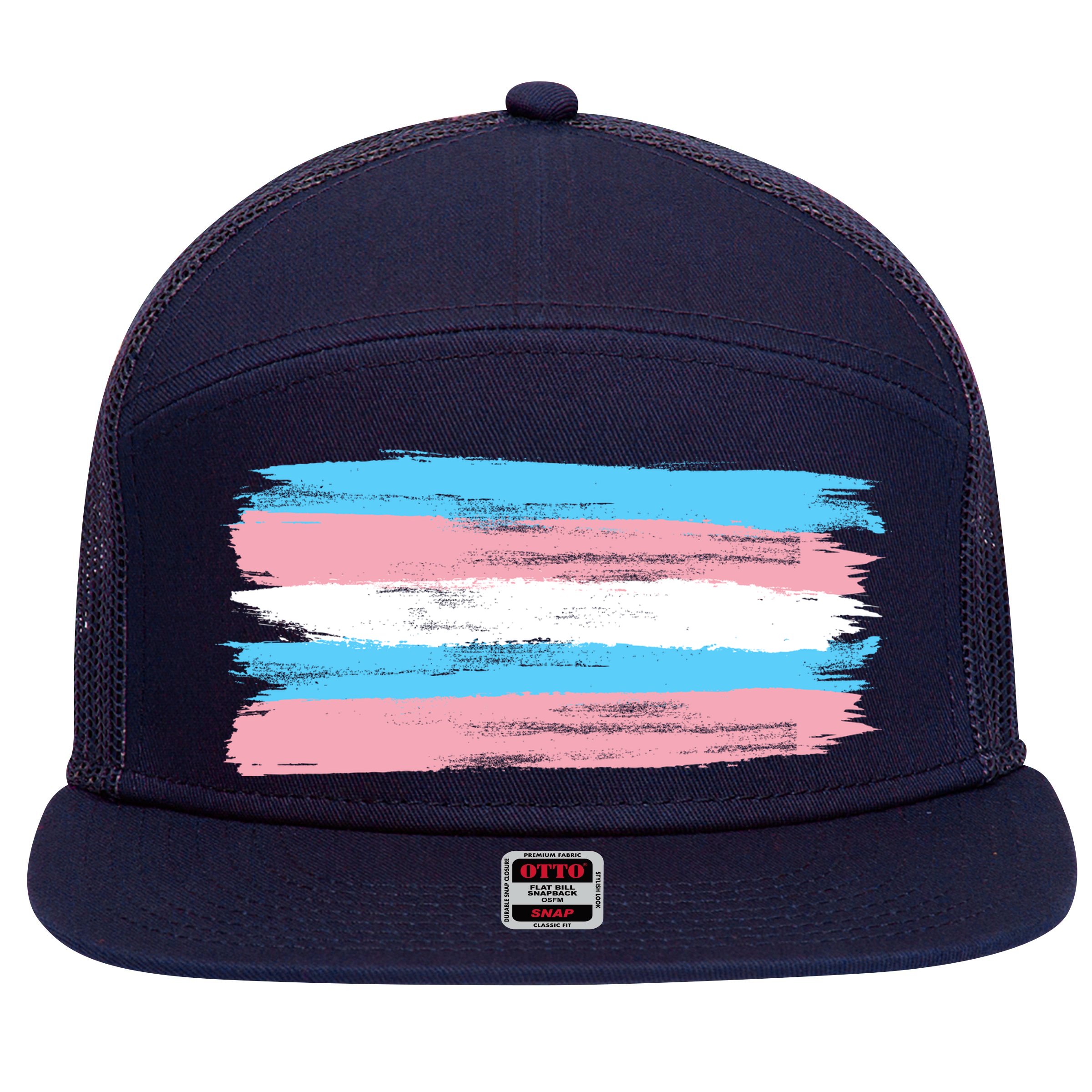 Distressed Transgender Pride Flag 7 Panel Mesh Trucker Snapback Hat