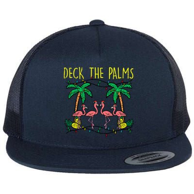 Deck The Palms Flamingo Funny Xmas Tropical Christmas Cool Gift Flat Bill Trucker Hat