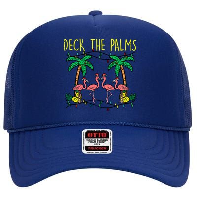 Deck The Palms Flamingo Funny Xmas Tropical Christmas Cool Gift High Crown Mesh Back Trucker Hat