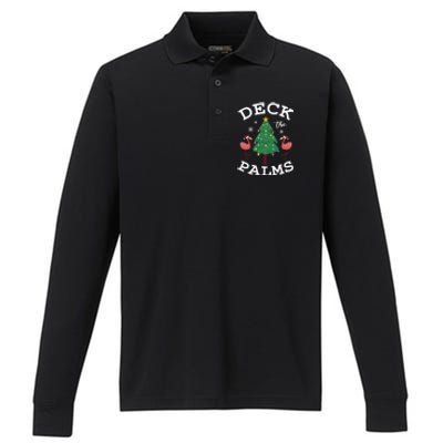 Deck The Palms Flamingo Lover Christmas Holiday Season Gift Performance Long Sleeve Polo