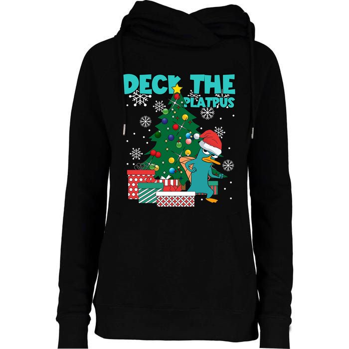 Deck The Platypus Xmas Perry Christmas Womens Funnel Neck Pullover Hood