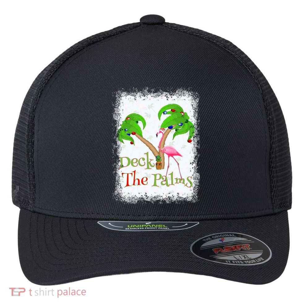 Deck The Palms Beach Christmas Flamingo Gift Flexfit Unipanel Trucker Cap