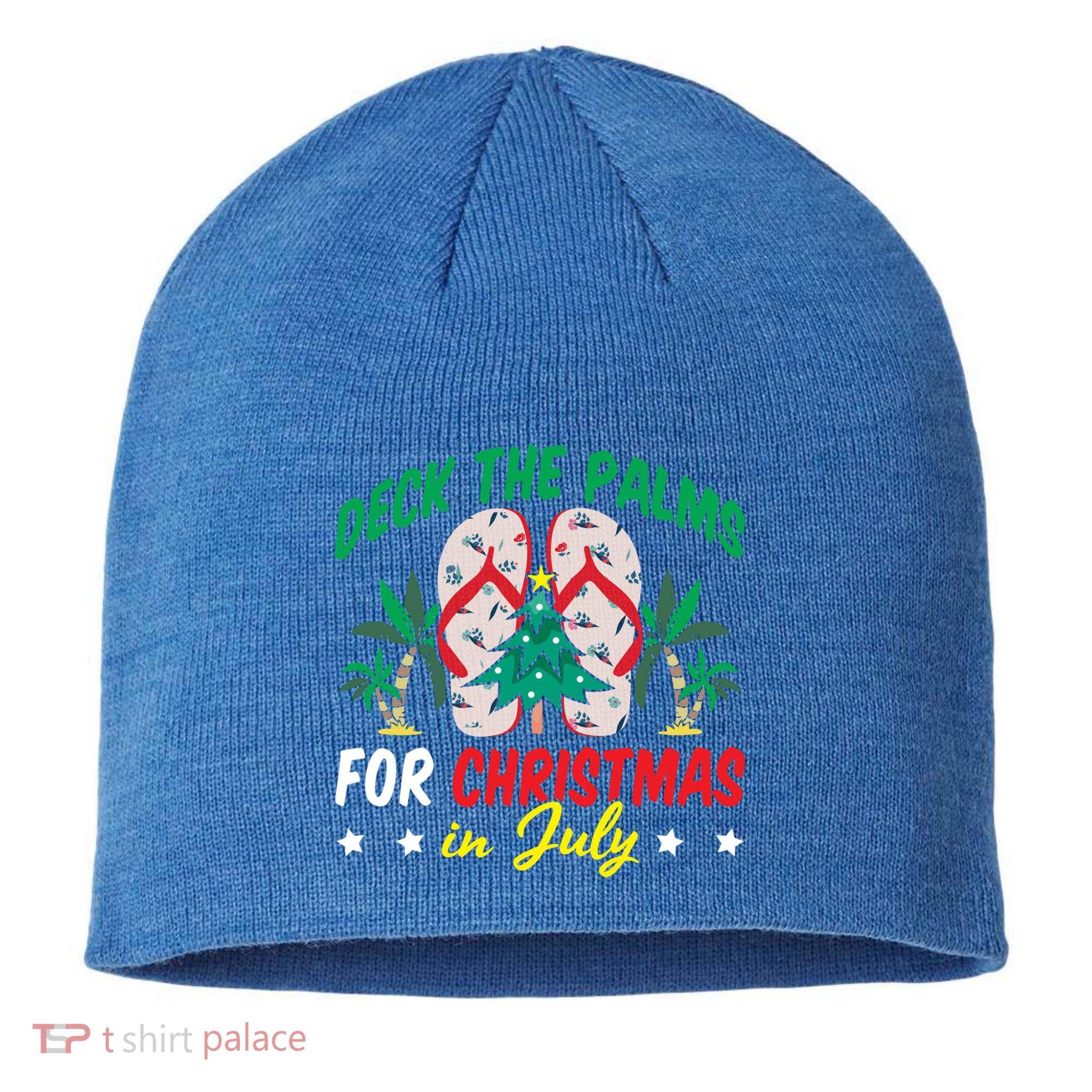 Deck The Palms For Christmas In July Funny Christmas July Funny Gift Sustainable Beanie