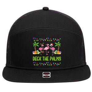 Deck The Palms Merry Flamingo Christmas Funny 7 Panel Mesh Trucker Snapback Hat