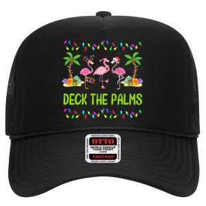 Deck The Palms Merry Flamingo Christmas Funny High Crown Mesh Back Trucker Hat