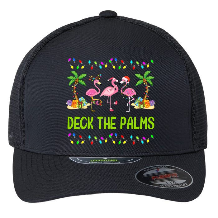 Deck The Palms Merry Flamingo Christmas Funny Flexfit Unipanel Trucker Cap