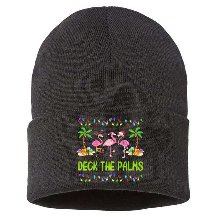 Deck The Palms Merry Flamingo Christmas Funny Sustainable Knit Beanie