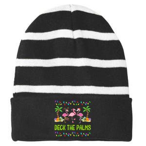 Deck The Palms Merry Flamingo Christmas Funny Striped Beanie with Solid Band