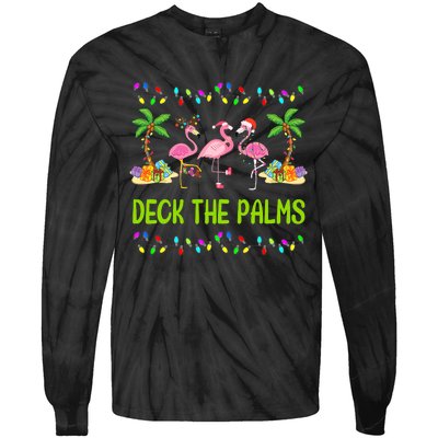 Deck The Palms Merry Flamingo Christmas Funny Tie-Dye Long Sleeve Shirt