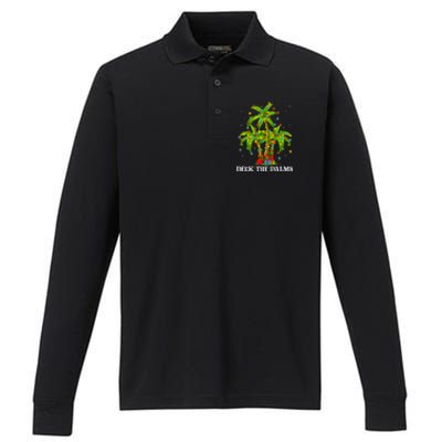 Deck The Palms Hawaiian Xmas Lighting Palm Tree Christmas Cute Gift Performance Long Sleeve Polo