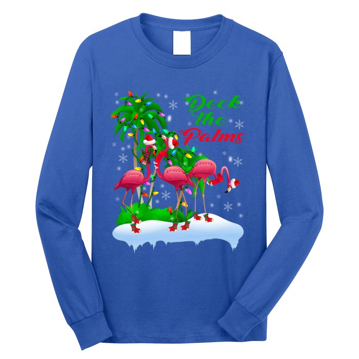 Deck The Palms Merry Christmas Lights Flamingo Santa Hat Cute Gift Long Sleeve Shirt