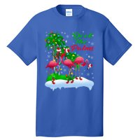 Deck The Palms Merry Christmas Lights Flamingo Santa Hat Cute Gift Tall T-Shirt