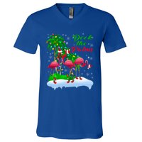 Deck The Palms Merry Christmas Lights Flamingo Santa Hat Cute Gift V-Neck T-Shirt