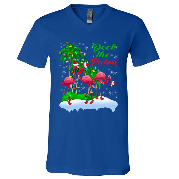 Deck The Palms Merry Christmas Lights Flamingo Santa Hat Cute Gift V-Neck T-Shirt