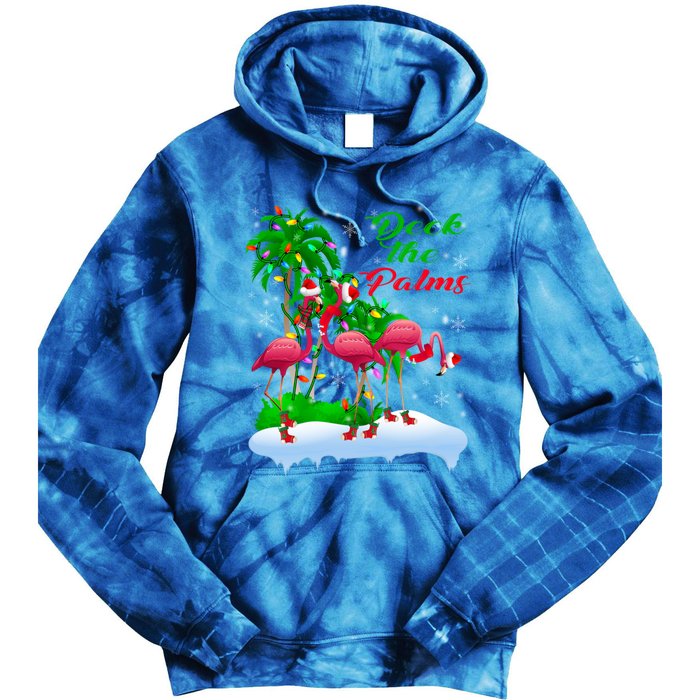 Deck The Palms Merry Christmas Lights Flamingo Santa Hat Cute Gift Tie Dye Hoodie