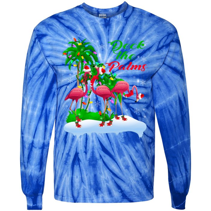 Deck The Palms Merry Christmas Lights Flamingo Santa Hat Cute Gift Tie-Dye Long Sleeve Shirt