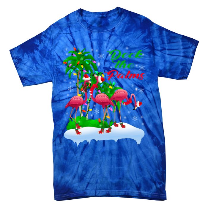 Deck The Palms Merry Christmas Lights Flamingo Santa Hat Cute Gift Tie-Dye T-Shirt