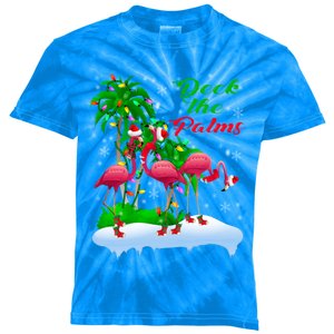 Deck The Palms Merry Christmas Lights Flamingo Santa Hat Cute Gift Kids Tie-Dye T-Shirt