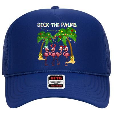 Deck The Palms Merry Flamingo Christmas Funny Gift Great Gift High Crown Mesh Back Trucker Hat