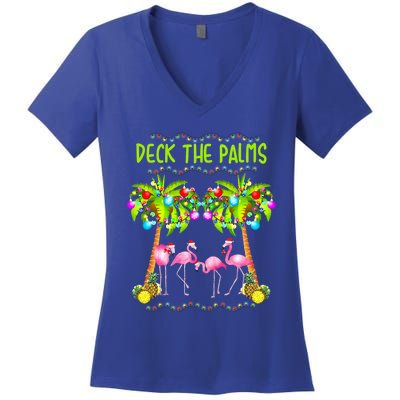 Deck The Palms Merry Flamingo Christmas Palm Tree Funny Xmas Cute Gift Women's V-Neck T-Shirt