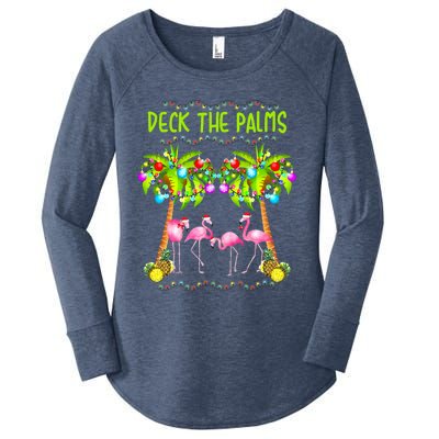 Deck The Palms Merry Flamingo Christmas Palm Tree Funny Xmas Cute Gift Women's Perfect Tri Tunic Long Sleeve Shirt