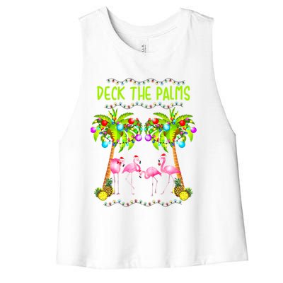 Deck The Palms Merry Flamingo Christmas Palm Tree Funny Xmas Cute Gift Women's Racerback Cropped Tank