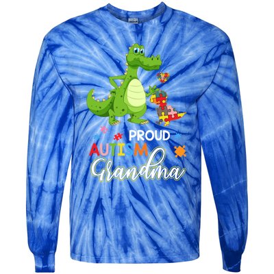 Dinosaur Tgiftrex Proud Autism Grandma Puzzle Autism Awareness Great Gift Tie-Dye Long Sleeve Shirt