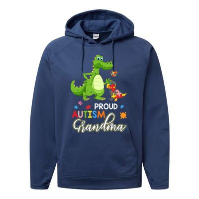 Dinosaur Tgiftrex Proud Autism Grandma Puzzle Autism Awareness Great Gift Performance Fleece Hoodie