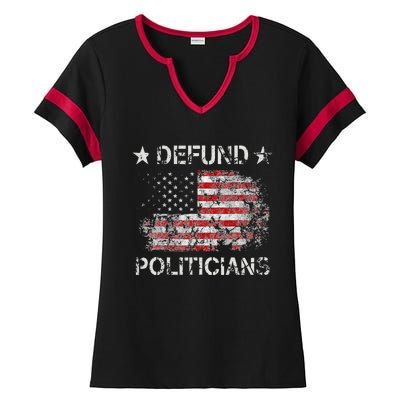 Defund The Politicians Distressed American Flag Ladies Halftime Notch Neck Tee