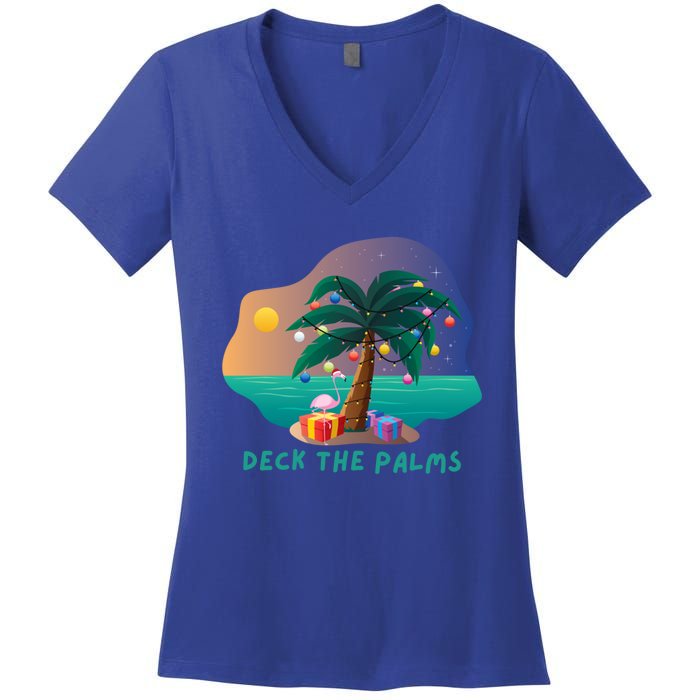 Deck The Palms Merry Flamingo Christmas Gift Women's V-Neck T-Shirt