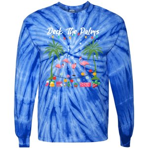 Deck The Palms Pink Flamingos Cool Holiday Christmas Funny Gift Cool Gift Tie-Dye Long Sleeve Shirt