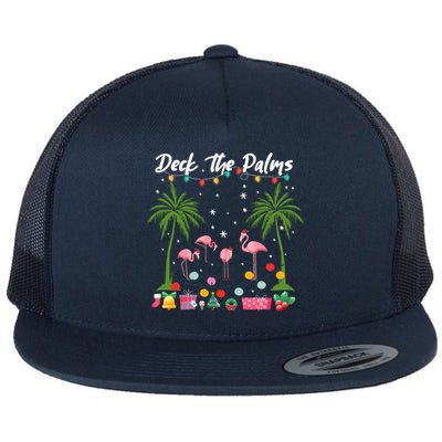 Deck The Palms Pink Flamingos Cool Holiday Christmas Funny Gift Cool Gift Flat Bill Trucker Hat