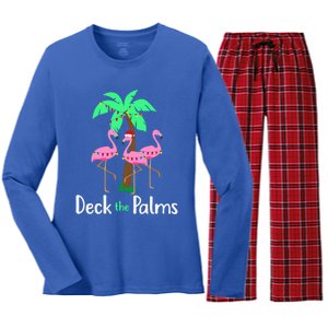 Deck The Palm Trees Flamingo Christmas Holiday Funny Gift Women's Long Sleeve Flannel Pajama Set 