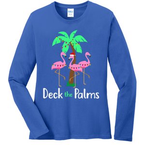 Deck The Palm Trees Flamingo Christmas Holiday Funny Gift Ladies Long Sleeve Shirt