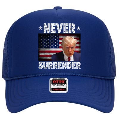 Donald Trump President Mugshot Never Surrender USA Flag High Crown Mesh Back Trucker Hat