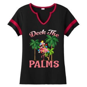 Deck The Palms Tropical Christmas Pink Flamingos Palm Tree Gift Ladies Halftime Notch Neck Tee