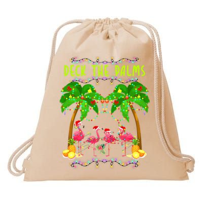 Deck the Palms Merry Flamingo Christmas funny Drawstring Bag