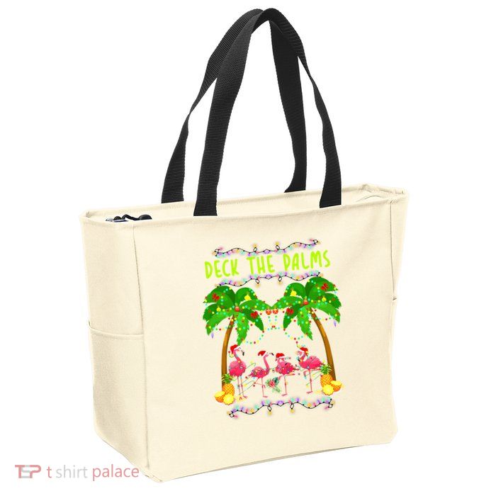 Deck the Palms Merry Flamingo Christmas funny Zip Tote Bag