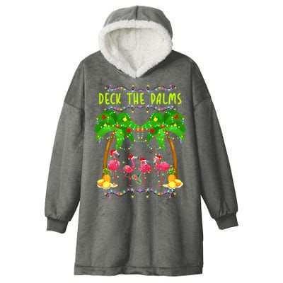Deck the Palms Merry Flamingo Christmas funny Hooded Wearable Blanket