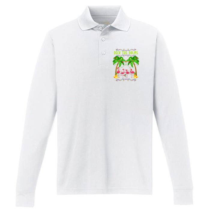 Deck the Palms Merry Flamingo Christmas funny Performance Long Sleeve Polo