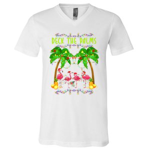 Deck the Palms Merry Flamingo Christmas funny V-Neck T-Shirt