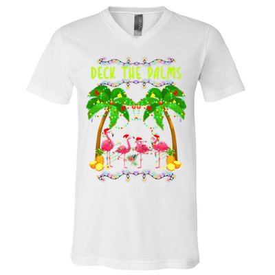 Deck the Palms Merry Flamingo Christmas funny V-Neck T-Shirt