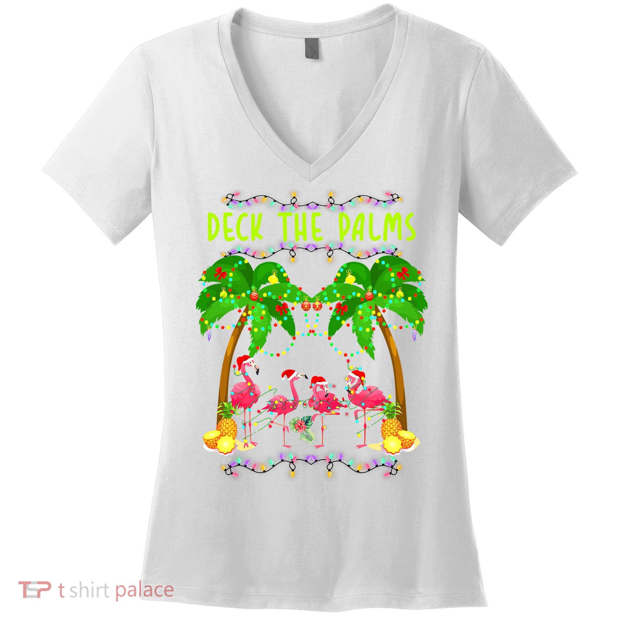 Deck the Palms Merry Flamingo Christmas funny Women's V-Neck T-Shirt