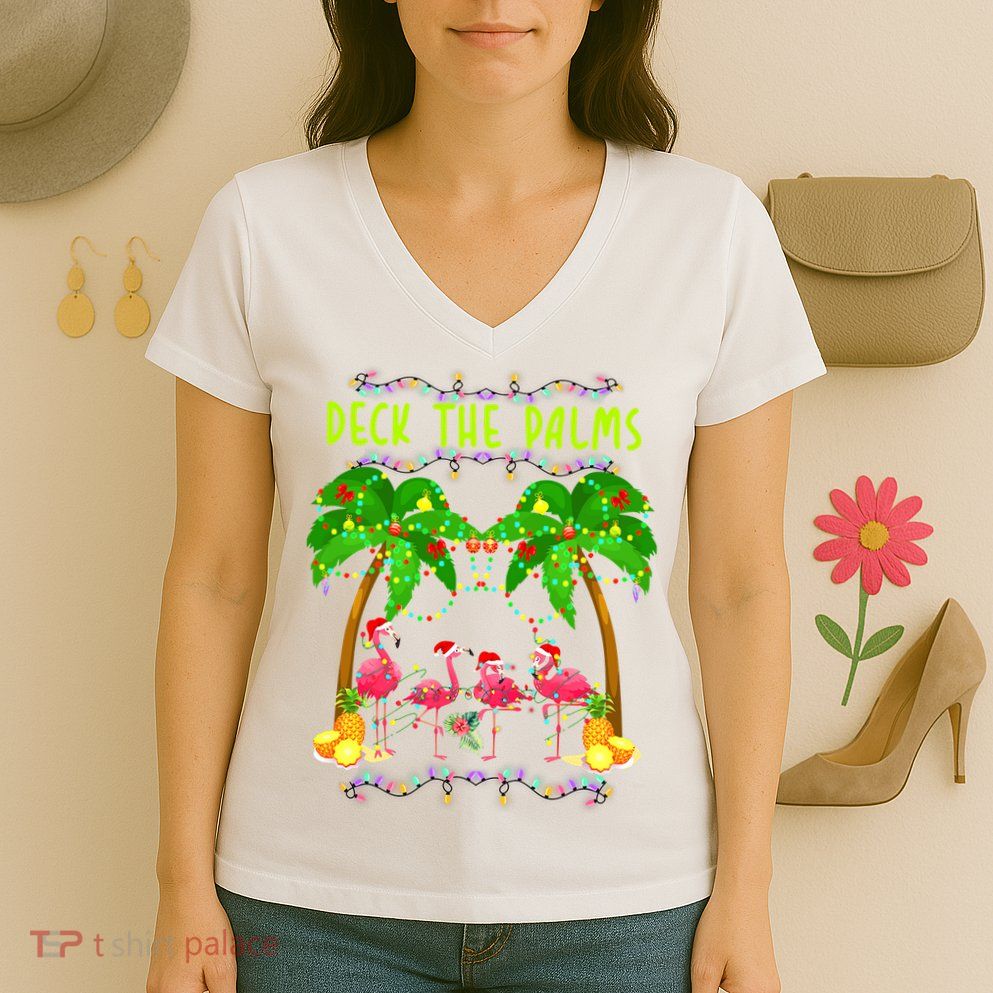 Deck the Palms Merry Flamingo Christmas funny Women's V-Neck T-Shirt