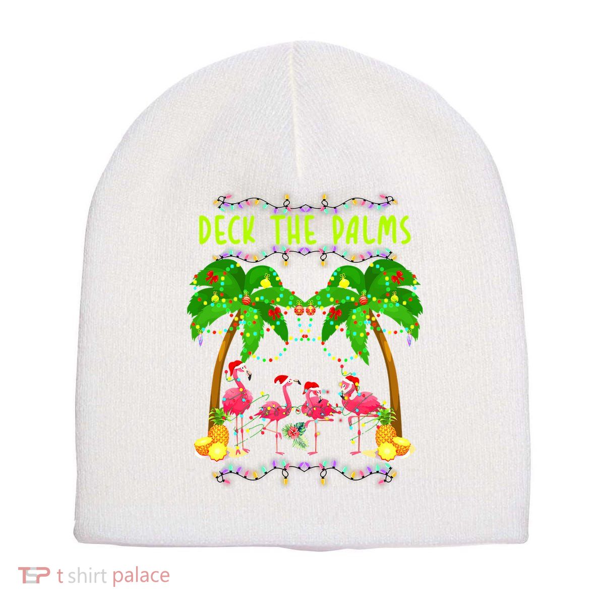 Deck the Palms Merry Flamingo Christmas funny Short Acrylic Beanie