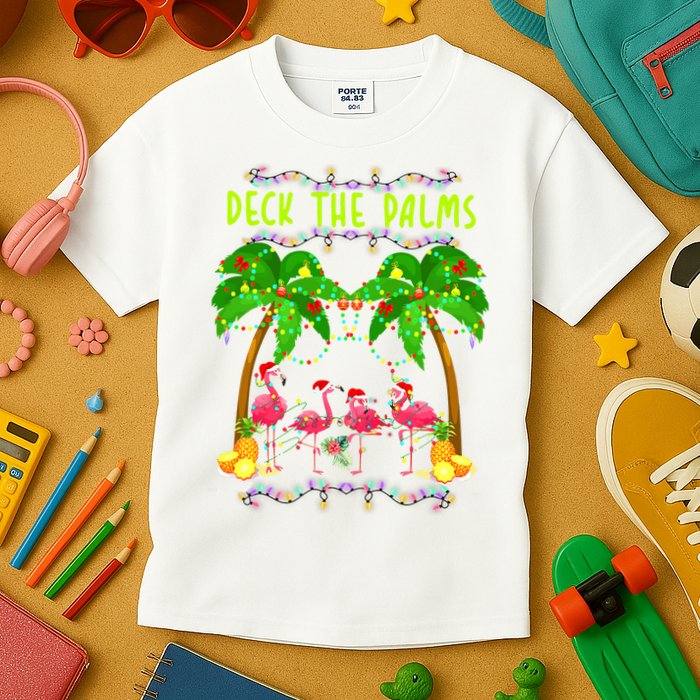 Deck the Palms Merry Flamingo Christmas funny Kids T-Shirt