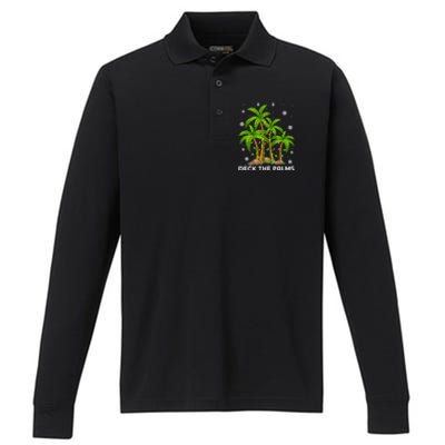 Deck The Palms Tropical Hawaii Merry Christmas Hawaiian Gift Performance Long Sleeve Polo