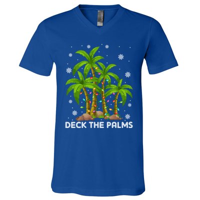 Deck The Palms Tropical Hawaii Merry Christmas Hawaiian Gift V-Neck T-Shirt